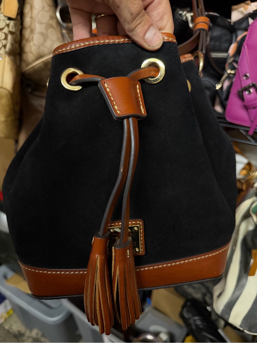 Dooney & Bourke Small Black Suede Bucket Bag with Tan Leather Trim - Picture 4 of 15